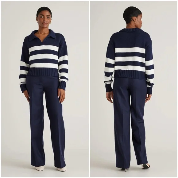 Quince 100% Organic Cropped Cotton Polo Sweater in Navy & White, Medium - Picture 3 of 8